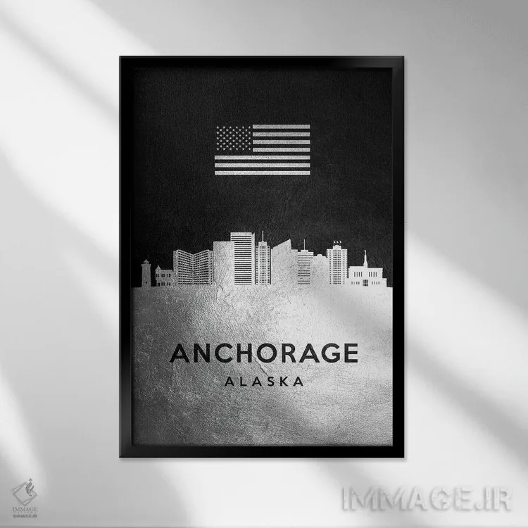 تابلو خط افق نقرهای انکوریج آلاسکا اثر آدریان بالدُوینو - نمای قابدار مشکی