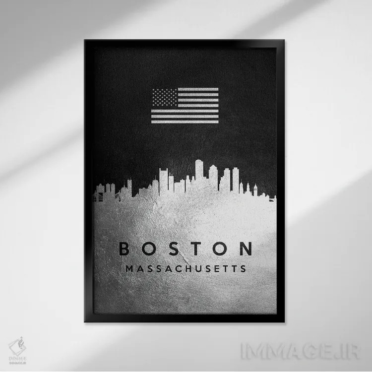 تابلو خط افق نقرهای بوستون ماساچوست اثر آدریان بالدُوینو - نمای قابدار مشکی