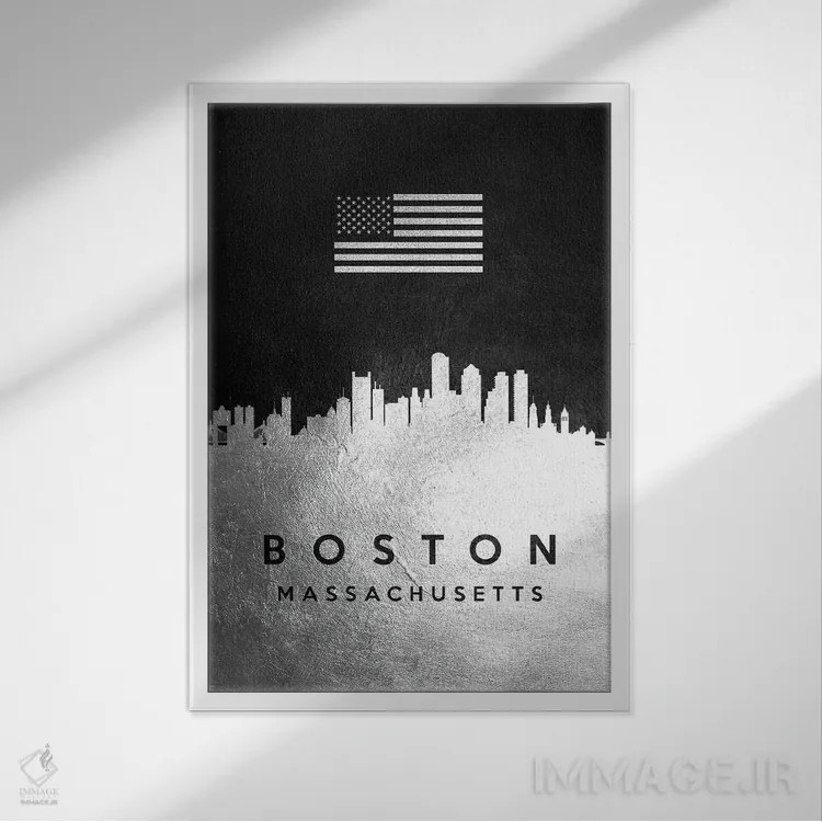 تابلو خط افق نقرهای بوستون ماساچوست اثر آدریان بالدُوینو - نمای قابدار سفید