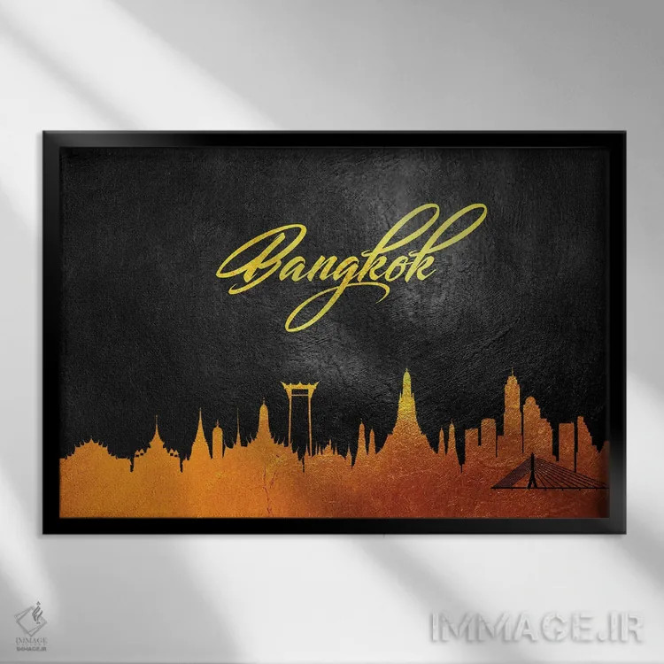 تابلو خط افق طلایی بانکوک تایلند اثر آدریان بالدُوینو - نمای قابدار مشکی