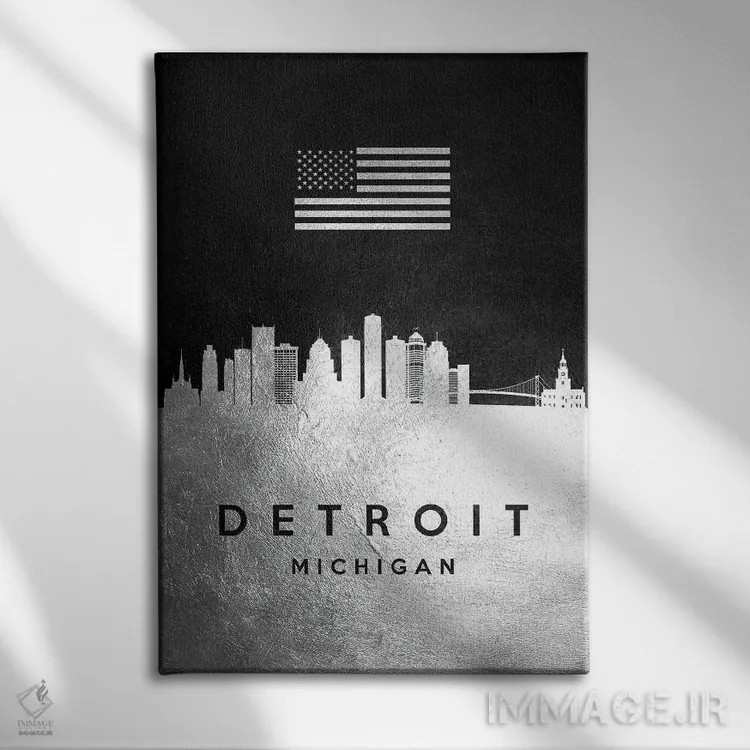 تابلو خط افق نقرهای دیترویت میشیگان اثر آدریان بالدُوینو - نمای روبهرو روی دیوار