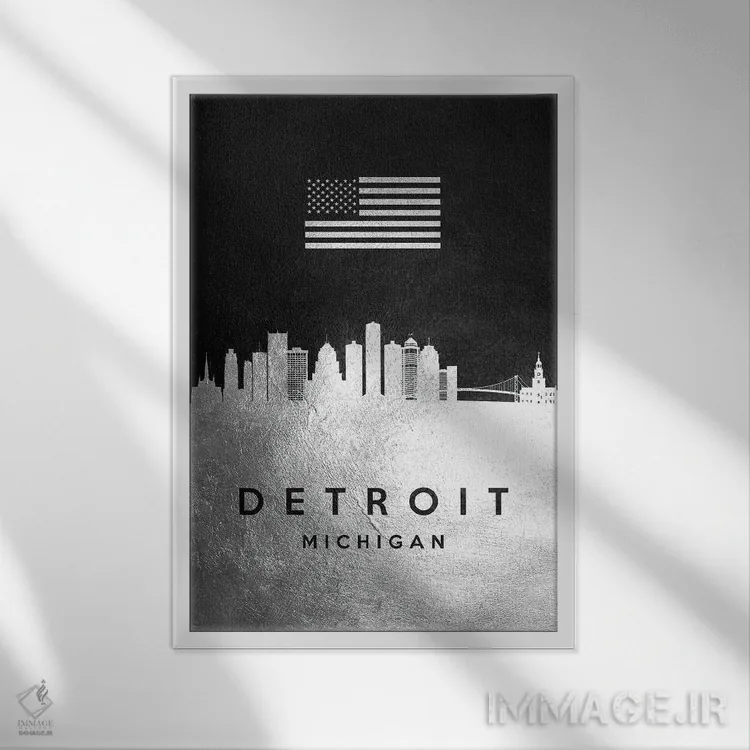 تابلو خط افق نقرهای دیترویت میشیگان اثر آدریان بالدُوینو - نمای قابدار سفید