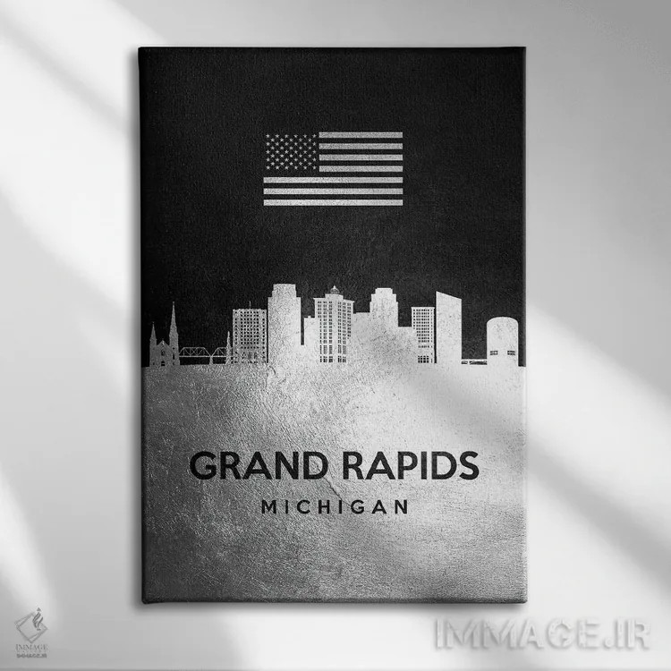 تابلو خط افق نقرهای گرند رپیدز میشیگان اثر آدریان بالدُوینو - نمای روبهرو روی دیوار