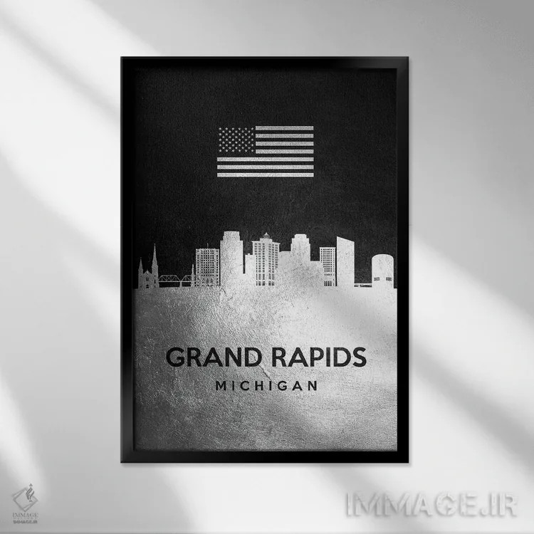 تابلو خط افق نقرهای گرند رپیدز میشیگان اثر آدریان بالدُوینو - نمای قابدار مشکی