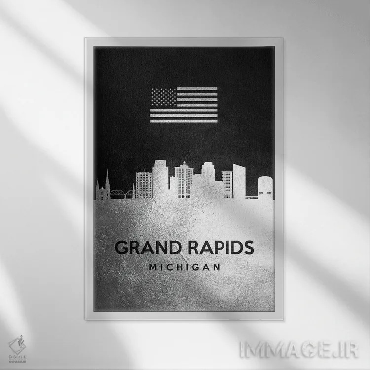 تابلو خط افق نقرهای گرند رپیدز میشیگان اثر آدریان بالدُوینو - نمای قابدار سفید