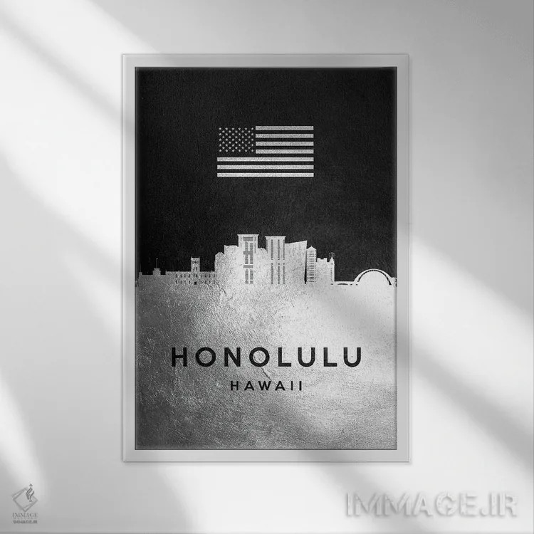 تابلو خط افق نقرهای هونولولو هاوایی اثر آدریان بالدُوینو - نمای قابدار سفید