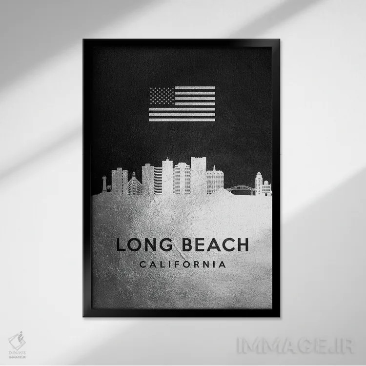 تابلو خط افق نقرهای لانگ بیچ کالیفرنیا اثر آدریان بالدُوینو - نمای قابدار مشکی