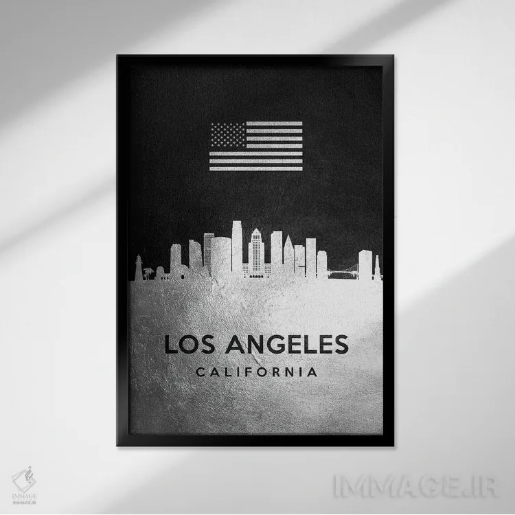 تابلو خط افق نقرهای لسآنجلس کالیفرنیا اثر آدریان بالدُوینو - نمای قابدار مشکی