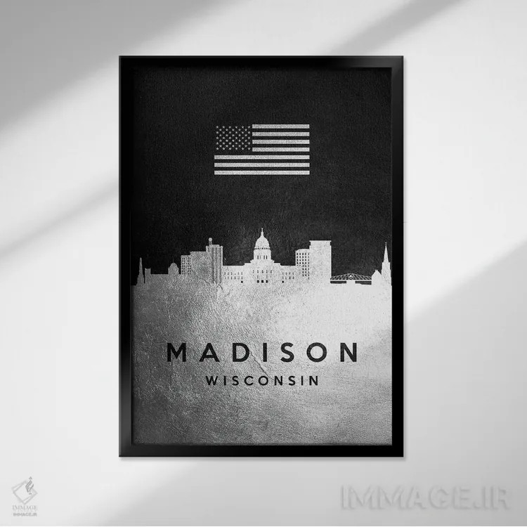 تابلو خط افق نقرهای مدیسون ویسکانسین اثر آدریان بالدُوینو - نمای قابدار مشکی