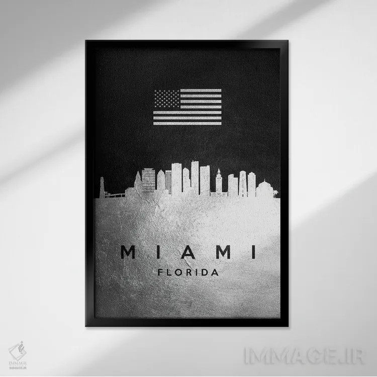 تابلو خط افق نقرهای میامی فلوریدا اثر آدریان بالدُوینو - نمای قابدار مشکی