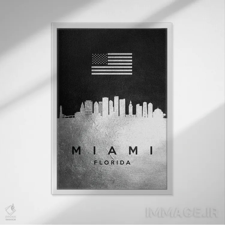 تابلو خط افق نقرهای میامی فلوریدا اثر آدریان بالدُوینو - نمای قابدار سفید