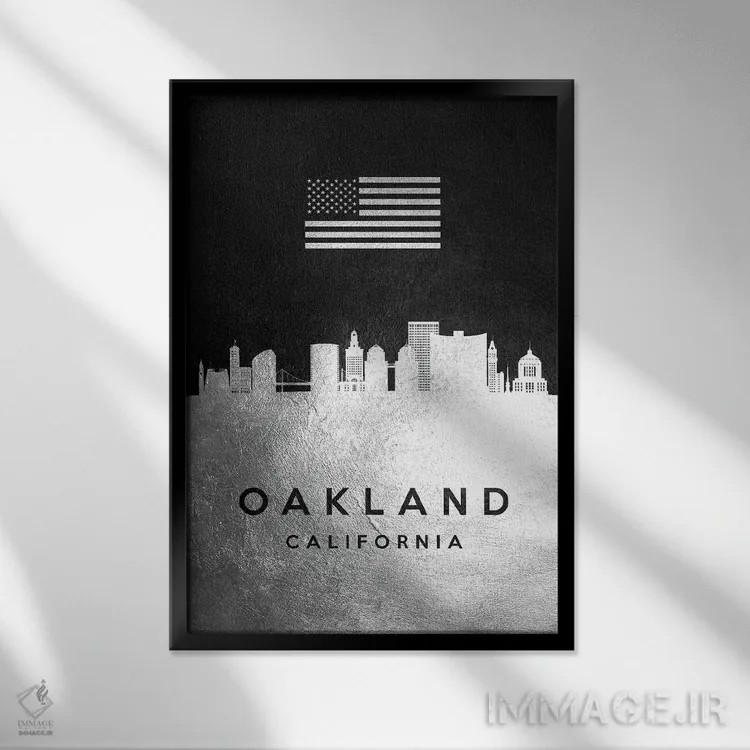 تابلو خط افق نقرهای اوکلند کالیفرنیا اثر آدریان بالدُوینو - نمای قابدار مشکی