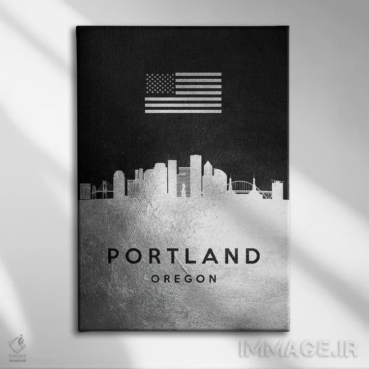 تابلو خط افق نقرهای پورتلند اورگن اثر آدریان بالدُوینو - نمای روبهرو روی دیوار