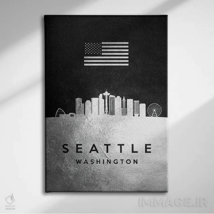 تابلو خط افق نقرهای سیاتل واشینگتن اثر آدریان بالدُوینو - نمای روبهرو روی دیوار