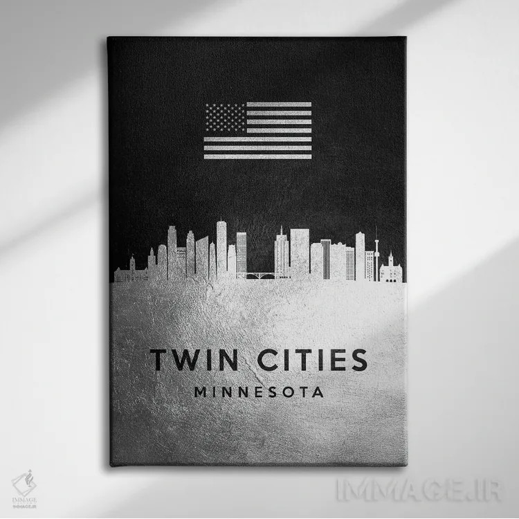 تابلو خط افق نقرهای شهرهای دوقلوی مینهسوتا (مینیاپولیس و سنت پل) اثر آدریان بالدُوینو - نمای روبهرو روی دیوار
