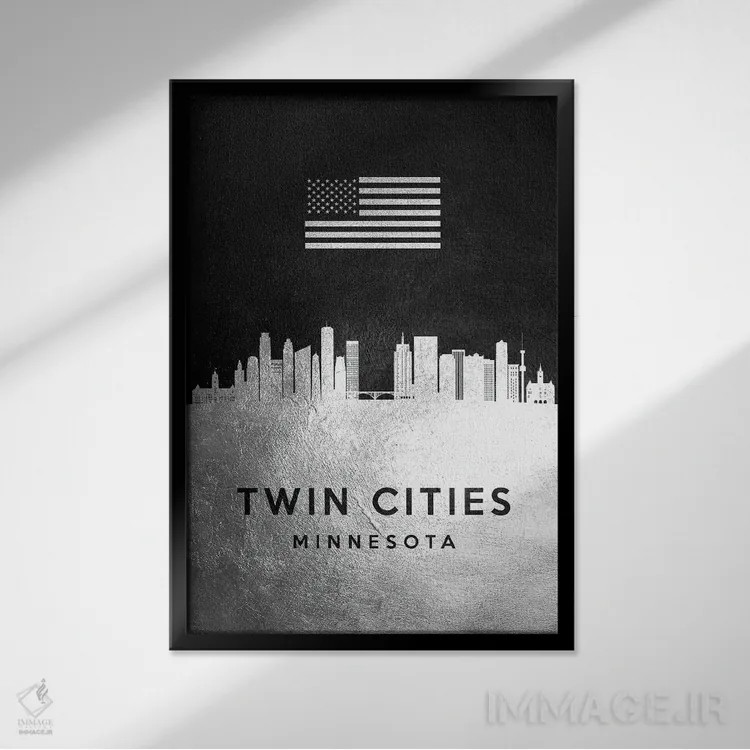 تابلو خط افق نقرهای شهرهای دوقلوی مینهسوتا (مینیاپولیس و سنت پل) اثر آدریان بالدُوینو - نمای قابدار مشکی