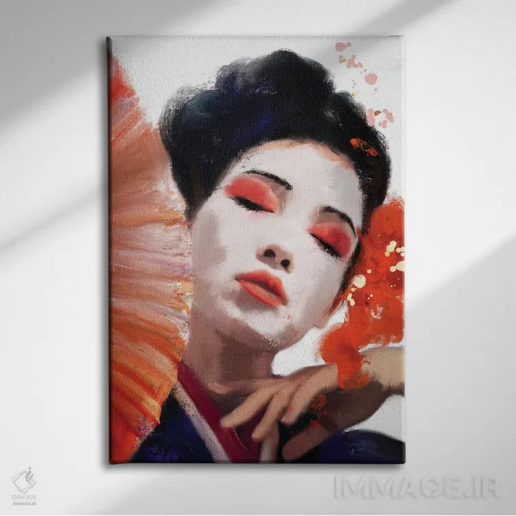تابلو دختر گیشا با بادبزن قرمز اثر اندرو ام بارلو - نمای روبهرو روی دیوار