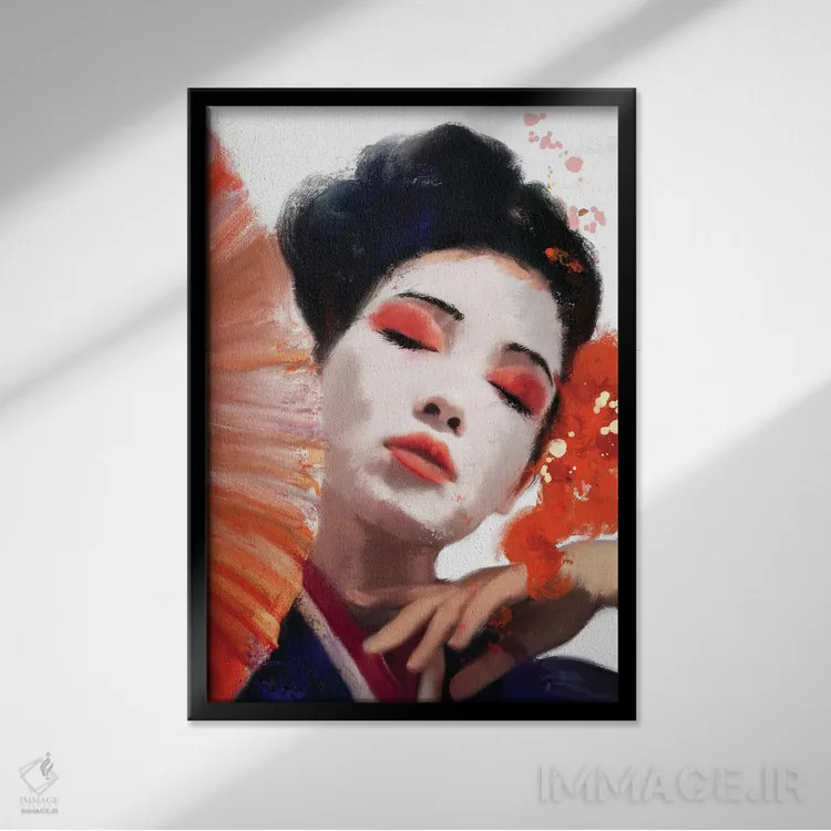 تابلو دختر گیشا با بادبزن قرمز اثر اندرو ام بارلو - نمای قابدار مشکی