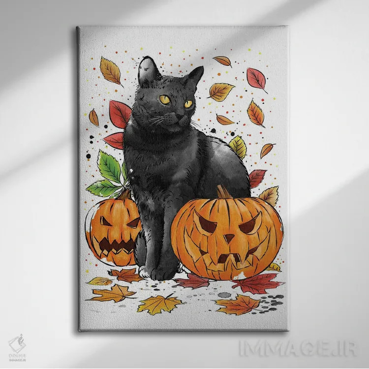 تابلو گربه، برگها و کدوها اثر آنتونیو کامارنا - نمای روبهرو روی دیوار