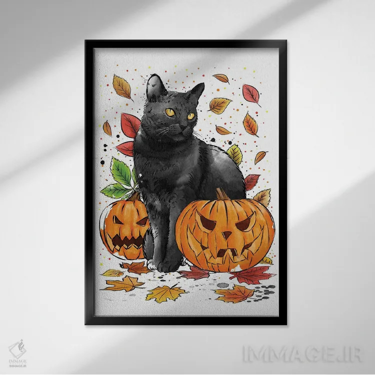 تابلو گربه، برگها و کدوها اثر آنتونیو کامارنا - نمای قابدار مشکی