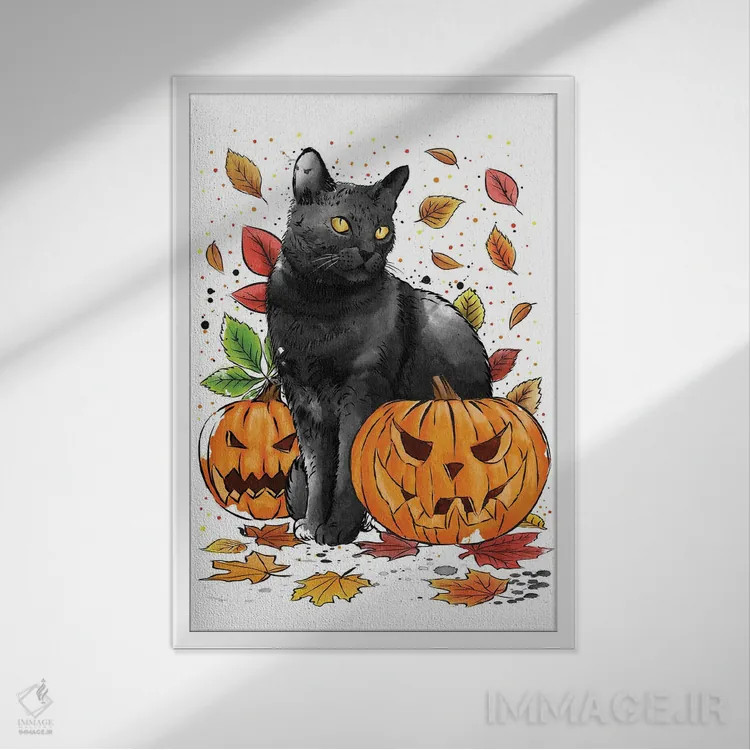 تابلو گربه، برگها و کدوها اثر آنتونیو کامارنا - نمای قابدار سفید