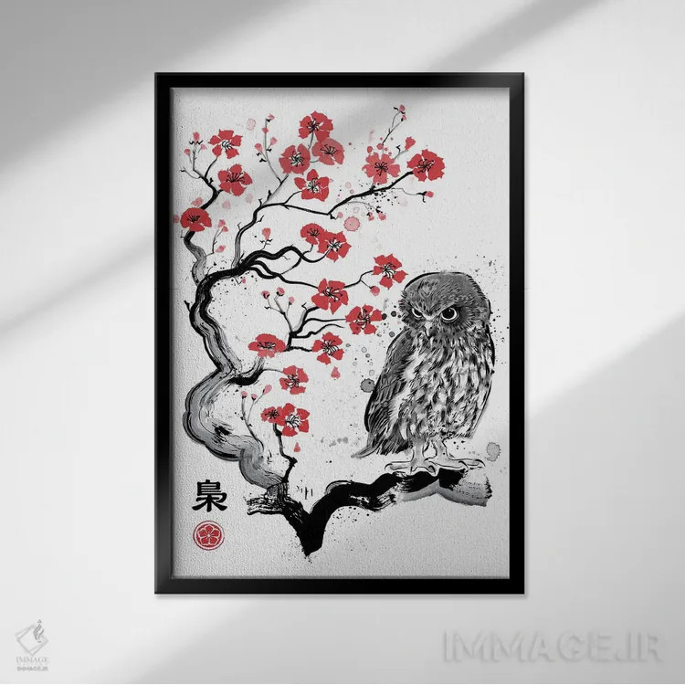 تابلو فوکورو سومیه (نقاشی سنتی جوهری جغد) اثر آنتونیو کامارنا - نمای قابدار مشکی