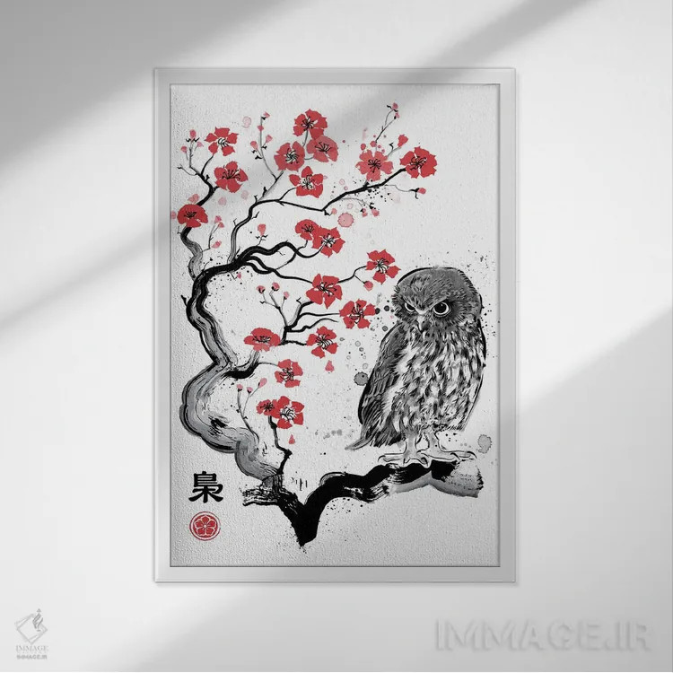 تابلو فوکورو سومیه (نقاشی سنتی جوهری جغد) اثر آنتونیو کامارنا - نمای قابدار سفید