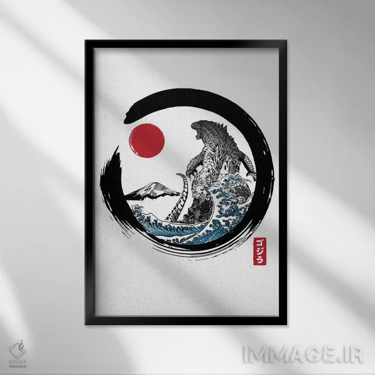 تابلو انسو کایجو (هیولای ژاپنی نقاشی با دایره زن بودایی) اثر آنتونیو کامارنا - نمای قابدار مشکی