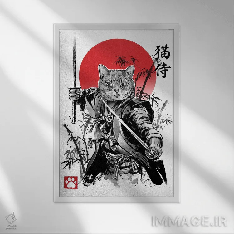 تابلو کتسوموتو میوساشی (ترکیب گربه با نام سامورایی میاموتو موساشی) اثر آنتونیو کامارنا - نمای قابدار سفید