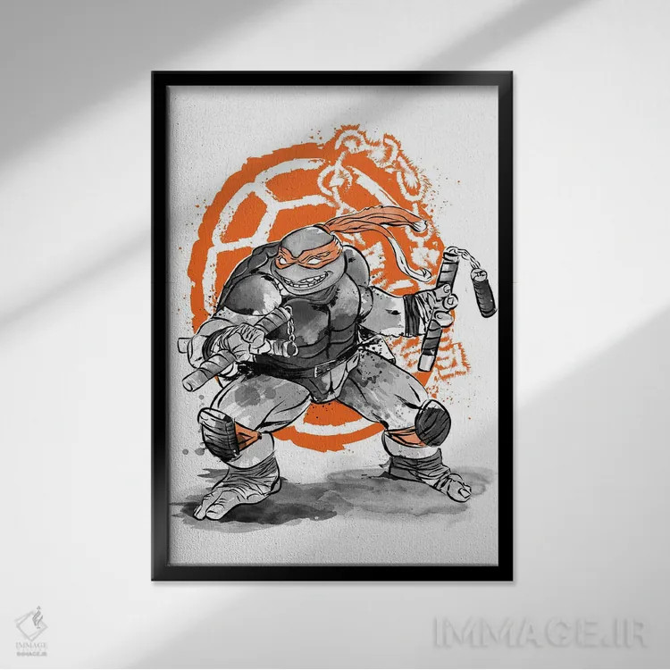 تابلو میکل آنجلو (نقاشی سومیه - لاکپشت نینجا) اثر آنتونیو کامارنا - نمای قابدار مشکی