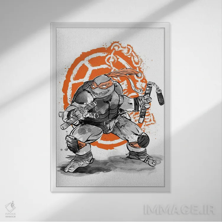 تابلو میکل آنجلو (نقاشی سومیه - لاکپشت نینجا) اثر آنتونیو کامارنا - نمای قابدار سفید