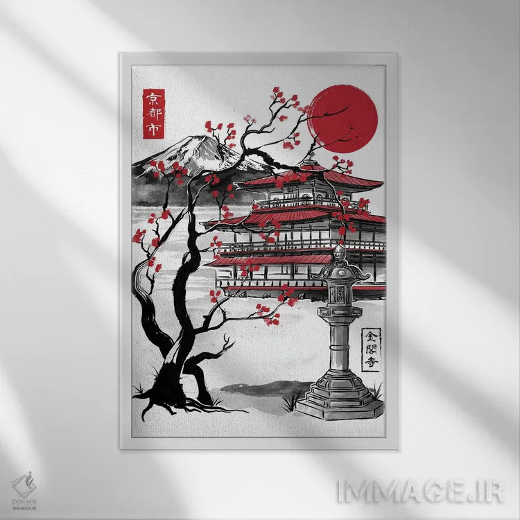 تابلو معبد پاویون طلایی (نقاشی سومیه - کیوتو) اثر آنتونیو کامارنا - نمای قابدار سفید