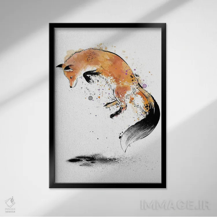 تابلو روباه قرمز در حال پریدن داخل برف اثر آنتونیو کامارنا - نمای قابدار مشکی