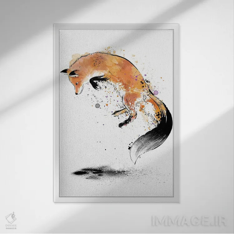 تابلو روباه قرمز در حال پریدن داخل برف اثر آنتونیو کامارنا - نمای قابدار سفید