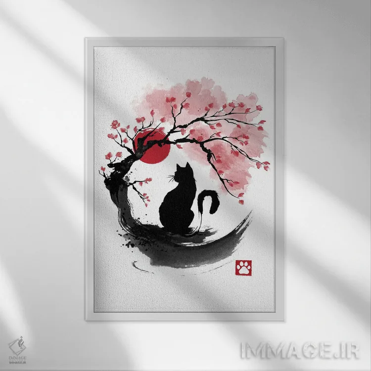 تابلو گربه شکوفه گیلاس (نقاشی سومیه) اثر آنتونیو کامارنا - نمای قابدار سفید