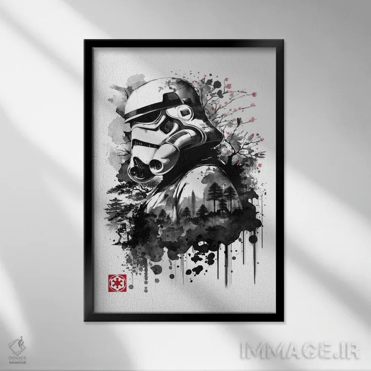 تابلو سرباز در جنگل (نقاشی سومیه - جنگ ستارگان) اثر آنتونیو کامارنا - نمای قابدار مشکی