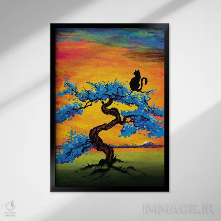 تابلو گربه در حال تماشای غروب اثر آنتونیو کامارنا - نمای قابدار مشکی