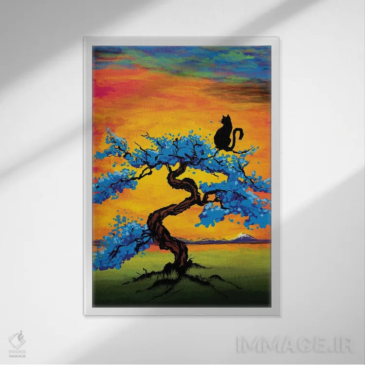 تابلو گربه در حال تماشای غروب اثر آنتونیو کامارنا - نمای قابدار سفید