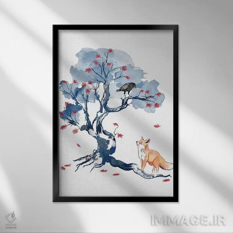 تابلو روباه و کلاغ اثر آنتونیو کامارنا - نمای قابدار مشکی