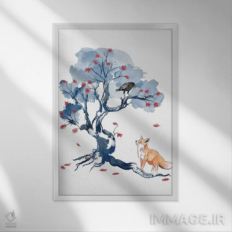 تابلو روباه و کلاغ اثر آنتونیو کامارنا - نمای قابدار سفید