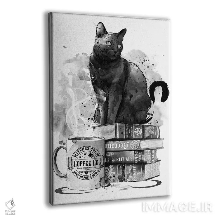 تابلو گربه، کتابها و قهوه اثر آنتونیو کامارنا - نمای پرسپکتیو محصول