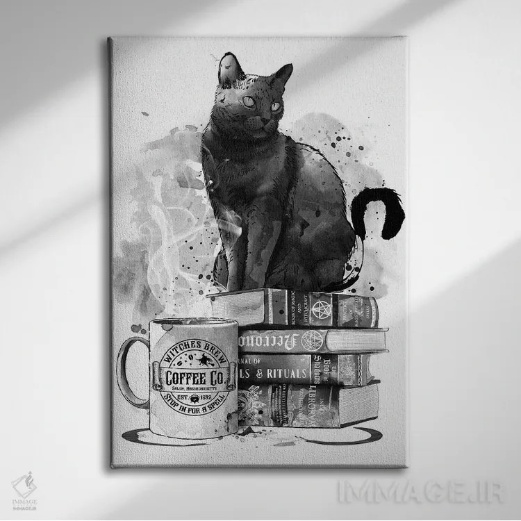 تابلو گربه، کتابها و قهوه اثر آنتونیو کامارنا - نمای روبهرو روی دیوار