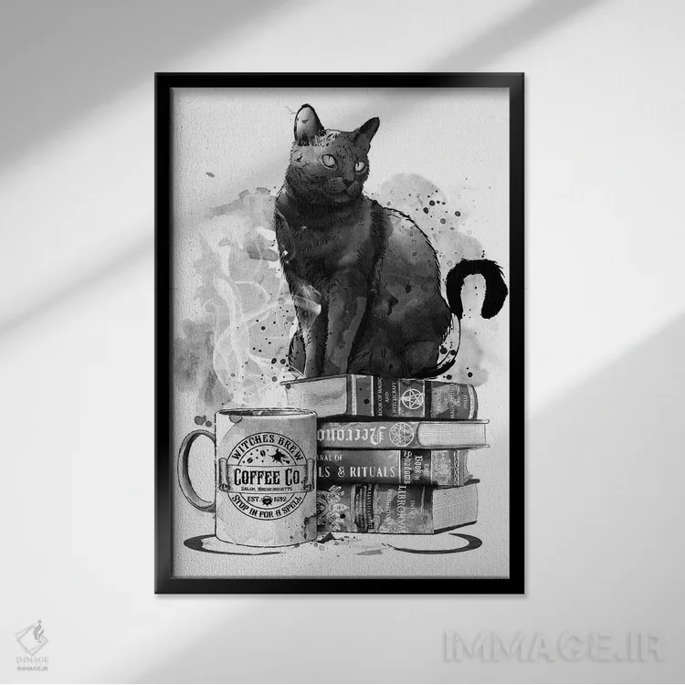 تابلو گربه، کتابها و قهوه اثر آنتونیو کامارنا - نمای قابدار مشکی