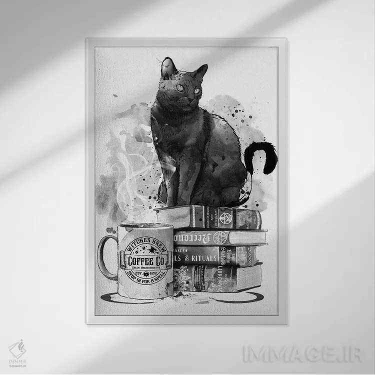 تابلو گربه، کتابها و قهوه اثر آنتونیو کامارنا - نمای قابدار سفید
