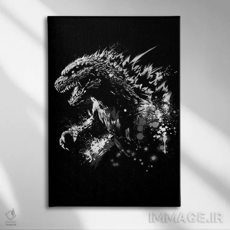 تابلو خشم گودزیلا (گوجیرا نام ژاپنی گودزیلا است) اثر آنتونیو کامارنا - نمای روبهرو روی دیوار