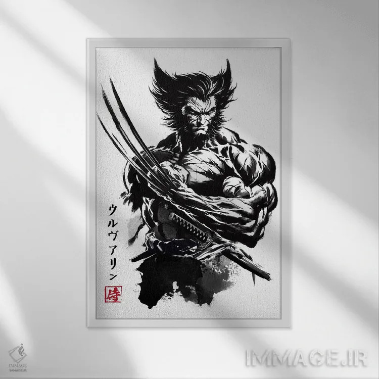 تابلو سامورایی جهشیافته به سبک سومیه اثر آنتونیو کامارنا - نمای قابدار سفید