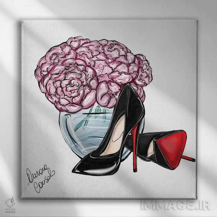 تابلو کفش لو (Louboutin) و گلها (اشاره به برند لووبوتن) اثر آتلیه کنسولو (استودیو هنری) - نمای روبهرو روی دیوار