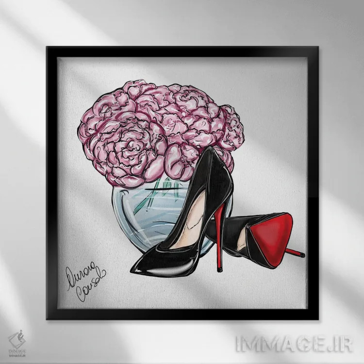 تابلو کفش لو (Louboutin) و گلها (اشاره به برند لووبوتن) اثر آتلیه کنسولو (استودیو هنری) - نمای قابدار مشکی