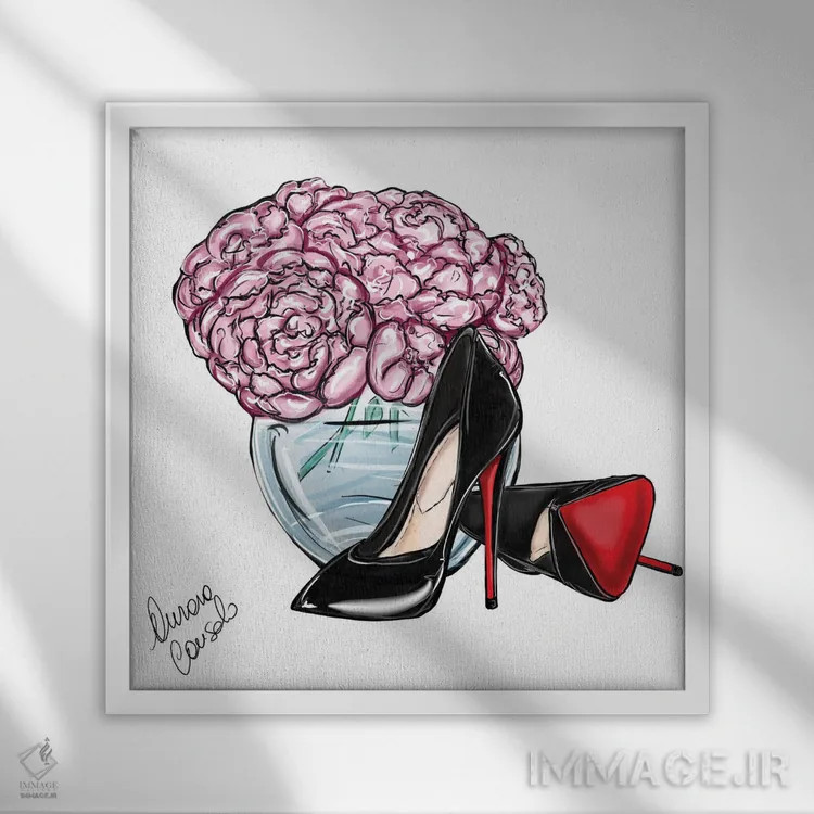 تابلو کفش لو (Louboutin) و گلها (اشاره به برند لووبوتن) اثر آتلیه کنسولو (استودیو هنری) - نمای قابدار سفید