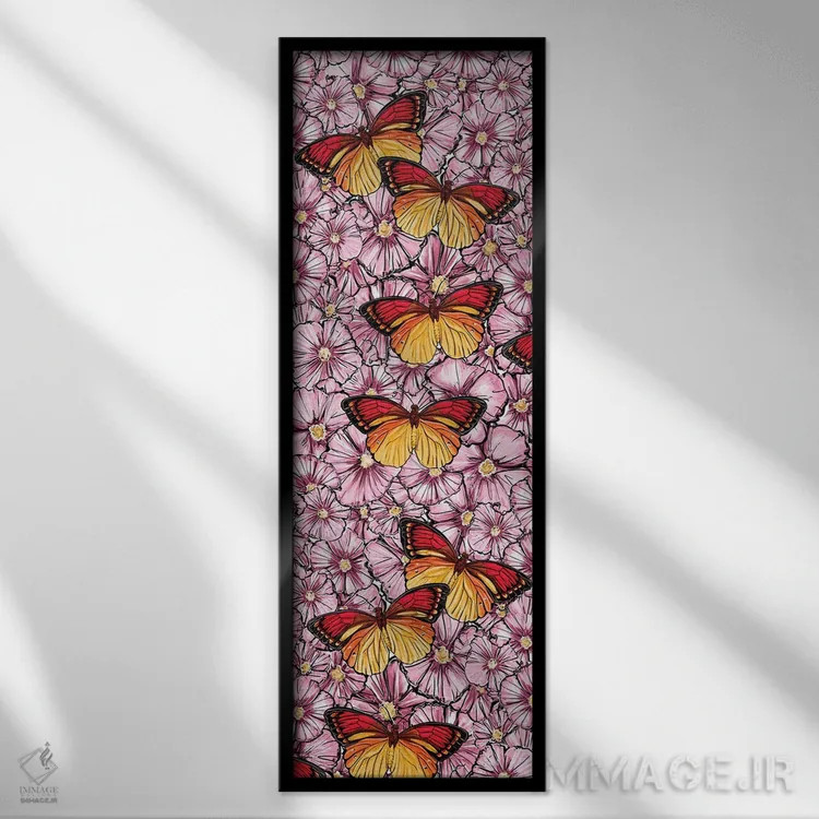 تابلو پروانه و گلها اثر آتلیه کنسولو (استودیو هنری) - نمای قابدار مشکی